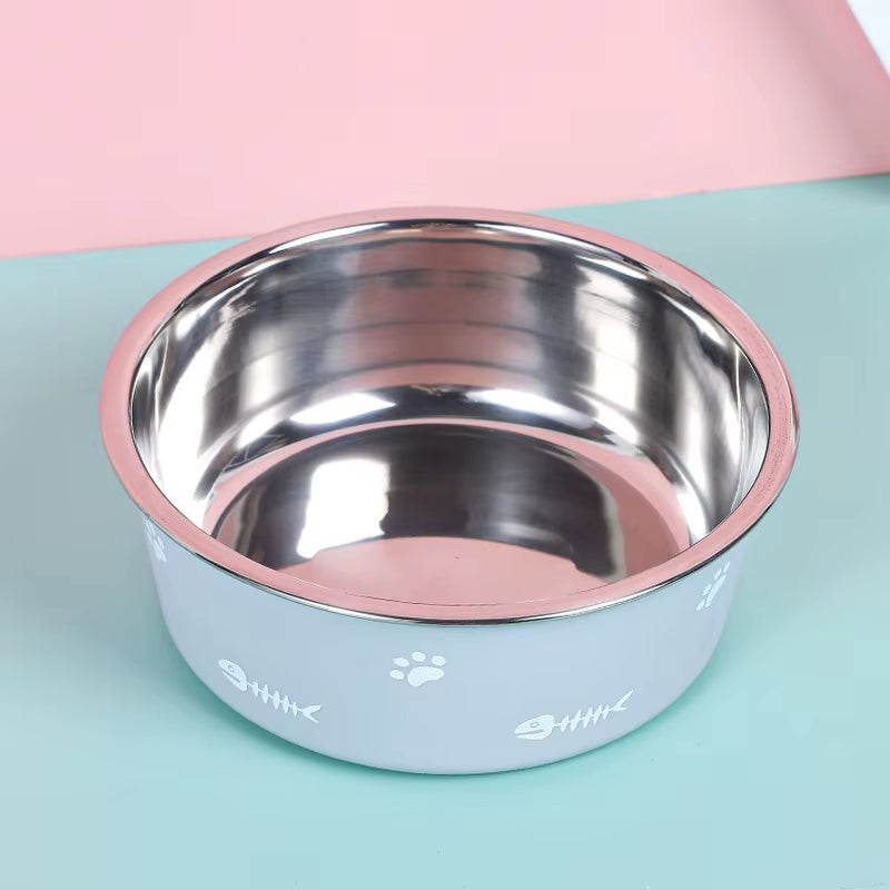 Pet Cat Feeding Bowl Stainless Steel Plastic Non-Slip Single Bowl Food Drinking Tray Feeder Drop-Resistant Durable Pet Dog Bowl