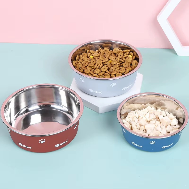 Pet Cat Feeding Bowl Stainless Steel Plastic Non-Slip Single Bowl Food Drinking Tray Feeder Drop-Resistant Durable Pet Dog Bowl